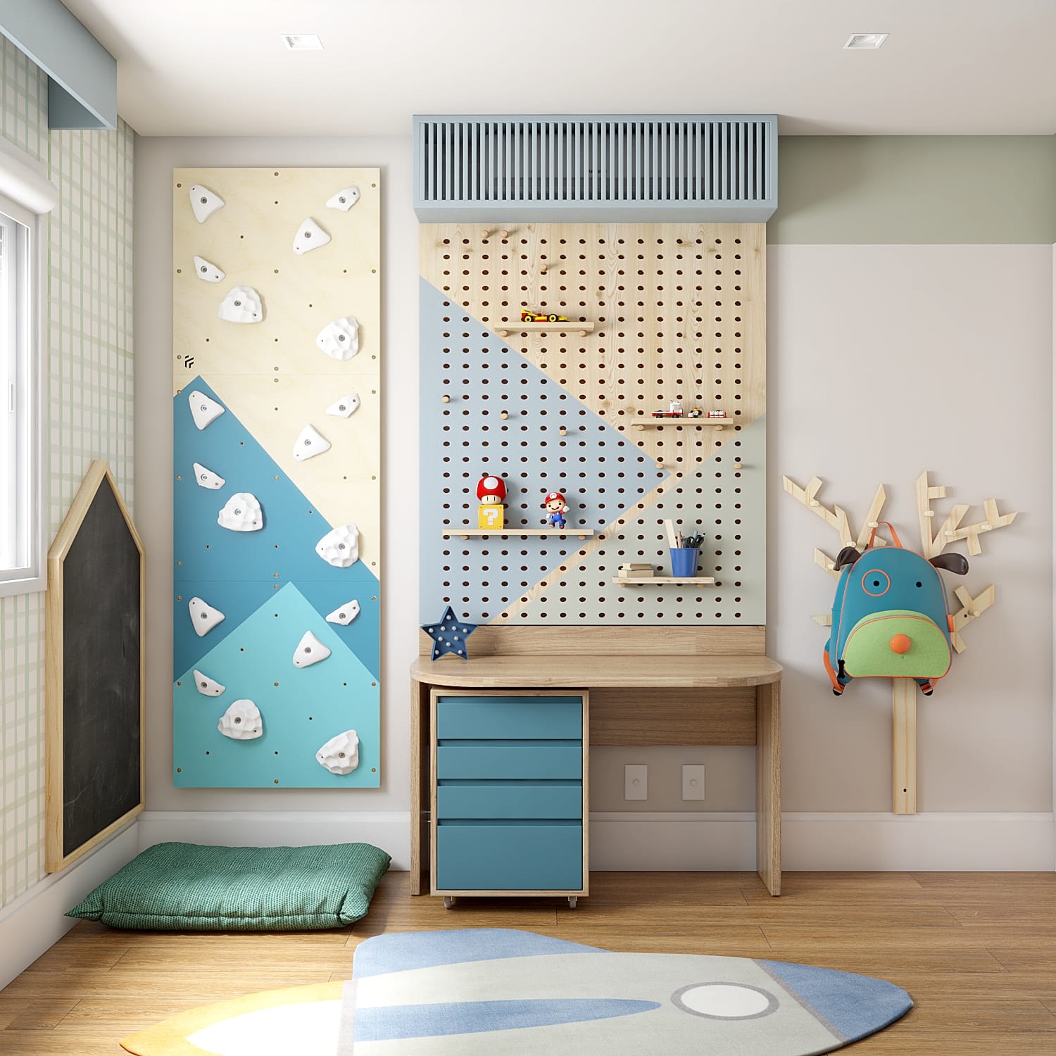 Quarto infantil decorado com parede de escalada modular