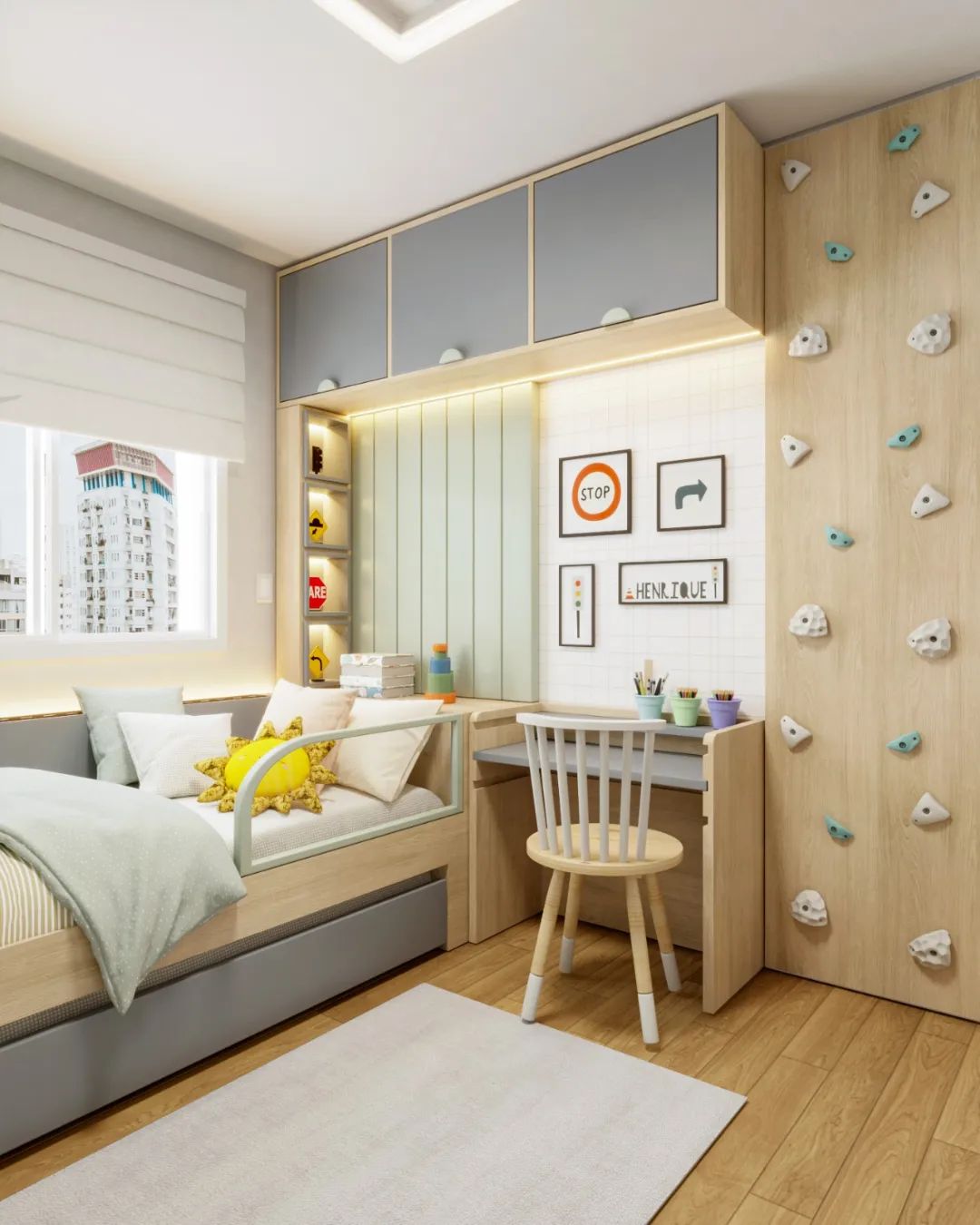 Quarto de criança moderno com parede de escalada integrada à marcenaria